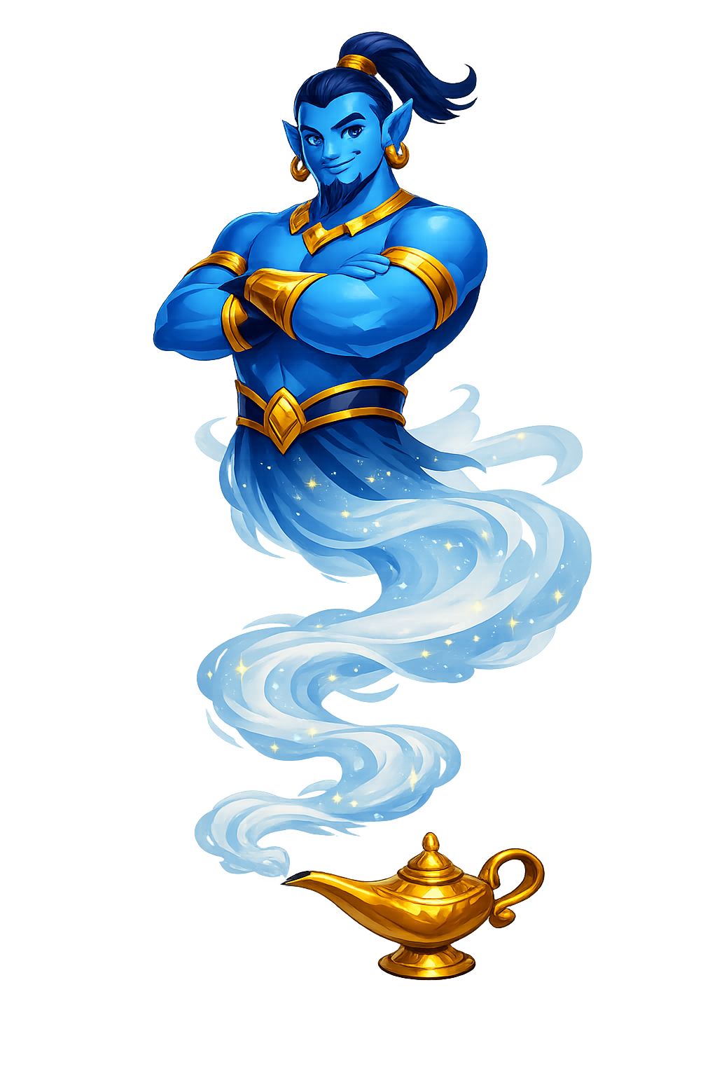 A modern blue genie floating above a golden lamp